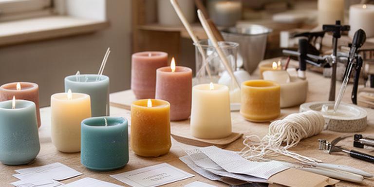 Mesa del taller de Vidal Vela con velas, etiquetas y materiales de personalización