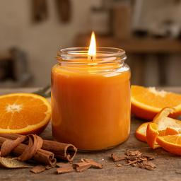 Vela aromática de naranja y canela encendida junto a corteza de canela