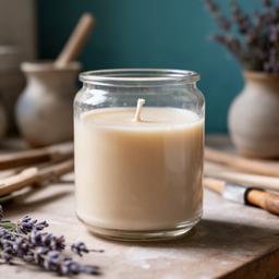 Vela aromática de lavanda y almendro en tarro de vidrio sobre mesa de taller